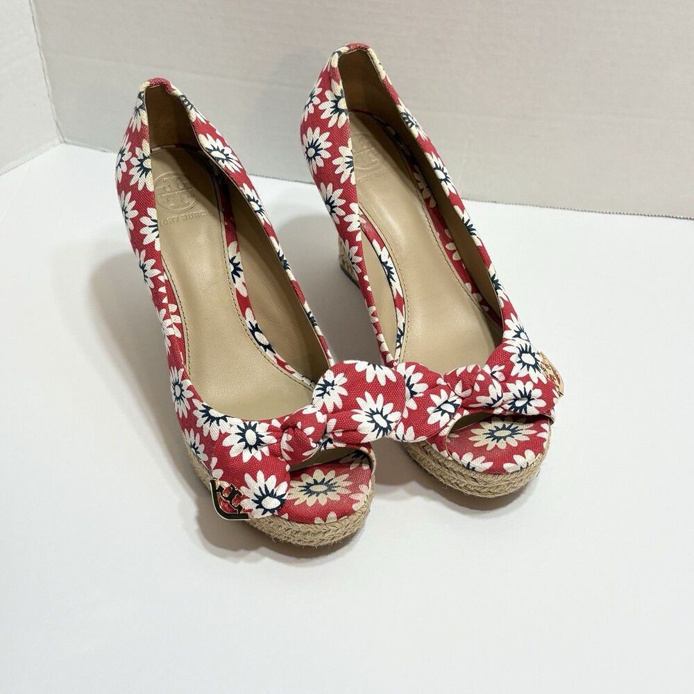 Tory Burch Dory Red Floral Canvas Peep Toe Wedge Espadrilles Size 7.5 Beachy